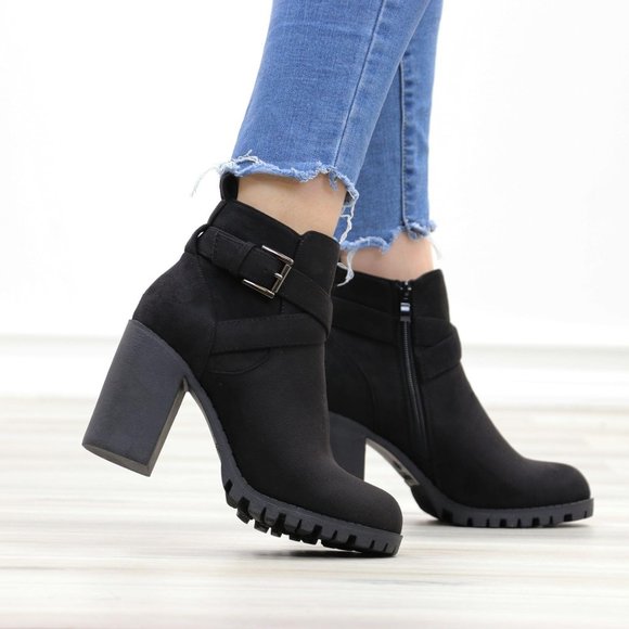 Faux Suede Black Lug Sole Ankle Boots - Picture 7 of 14